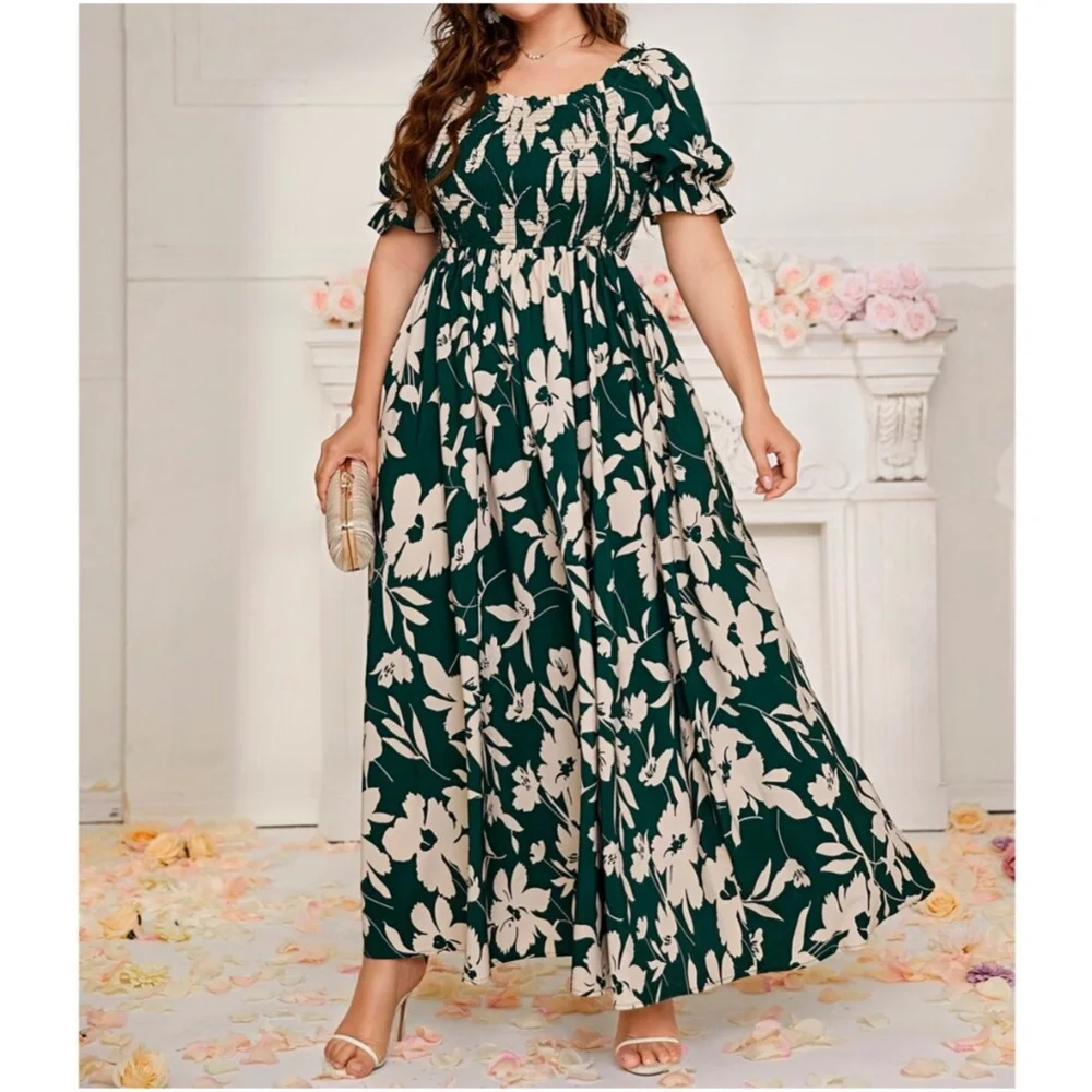 Plus Floral Print Tropical Puff Sleeve Maxi Dress - Picture 1 of 3
